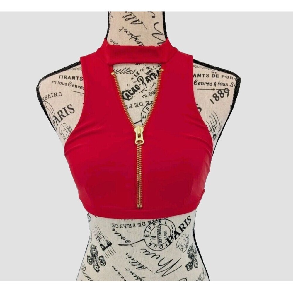 Beach‎ Bunny Swim Bikini Top Small Red Zip Front High Neck Beach Eye Catching